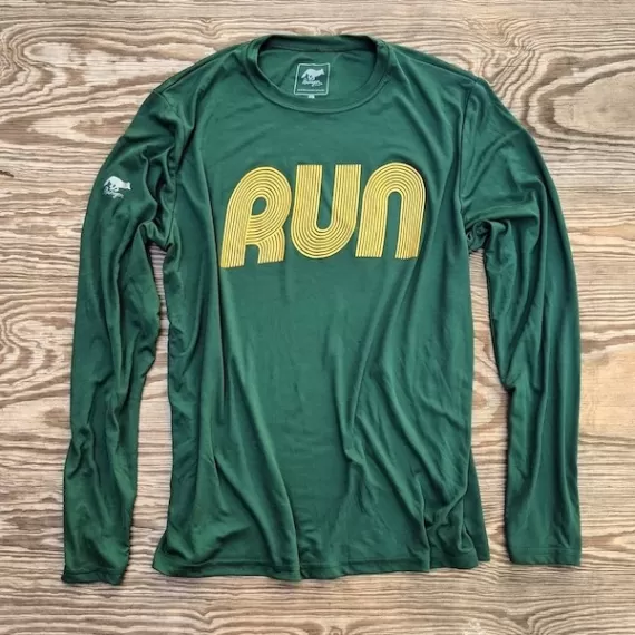 Runyon American Made In USA Mens Running Clothing Forest Green Gold RUN Long Sleeve Fitness Shirt Performance Sportswear