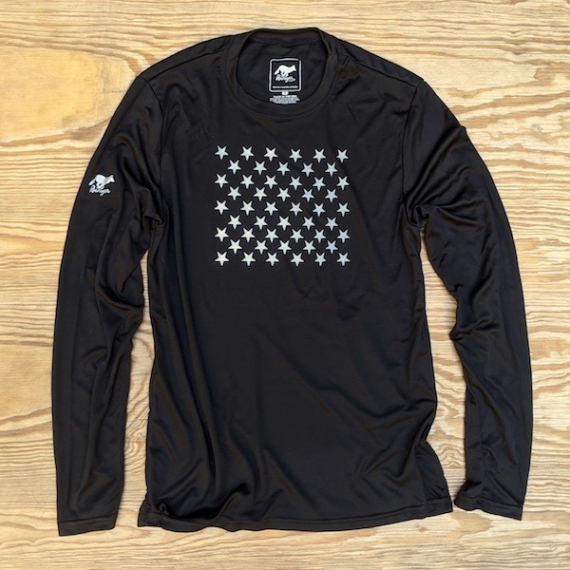 Runyon Men's Striped Star Black Long Sleeve Training Shirt great for Running, Hiking, Outdoor Fitness Made In USA