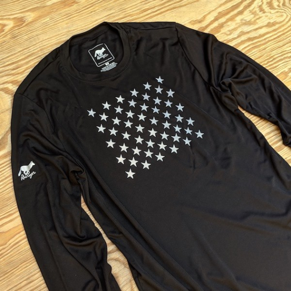 Runyon Men's Striped Star Black Long Sleeve Training Shirt great for Running, Hiking, Outdoor Fitness Made In USA