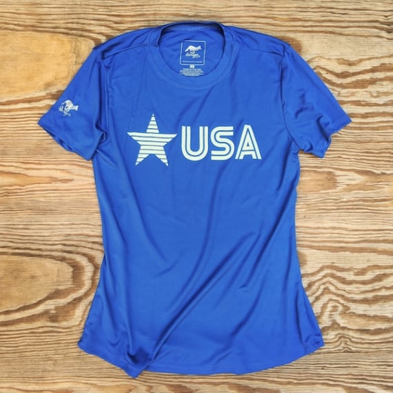 Runyon Women's Star USA Royal Blue Training Shirt great for Running, Hiking, Outdoor Fitness Made In USA