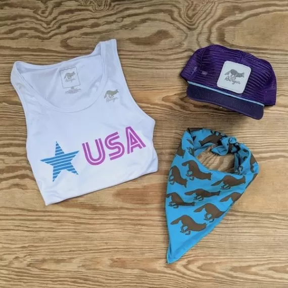 Runyon Men's Star USA Purple Turquoise Performance Fitness Tank great for Running, Hiking, Outdoor Fitness American Made In USA