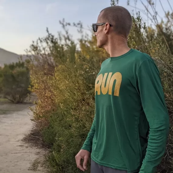 Runyon American Made In USA Mens Running Clothing Forest Green Gold RUN Long Sleeve Fitness Shirt Performance Sportswear