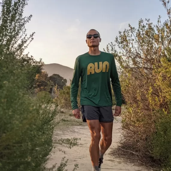Runyon American Made In USA Mens Running Clothing Forest Green Gold RUN Long Sleeve Fitness Shirt Performance Sportswear