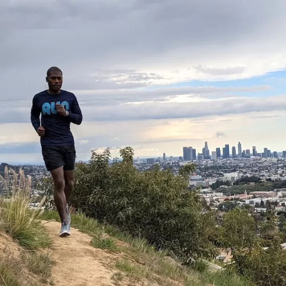 Mens Navy RUN Long Sleeve Fitness Shirt Performance Sportswear Runyon Canyon Apparel Made In The USA