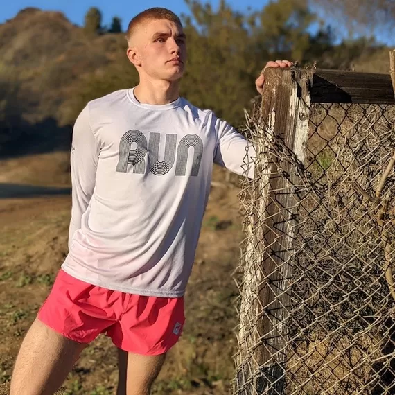Runyon Mens White RUN Long Sleeve Fitness Shirt Performance Sportswear Runyon Canyon Apparel Made In USA