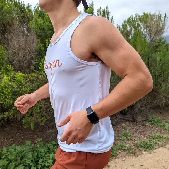 Runyon Mens American Made In USA Running Apparel White Script  Performance Tank Top Singlet