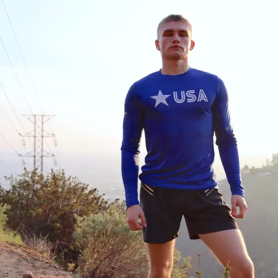 Runyon Men's Star USA Royal Blue Long Sleeve Training Shirt great for Running, Hiking, Outdoor Fitness Made In USA
