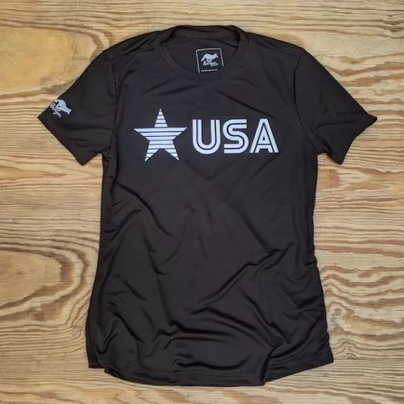 Runyon Women's Star USA Black Training Shirt great for Running, Hiking, Outdoor Fitness Made In USA