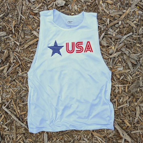 Runyon Women's Unisex White Star USA Muscle Tank great for Running, Hiking, Gym, Workout, Outdoors & Fitness -  Made In USA