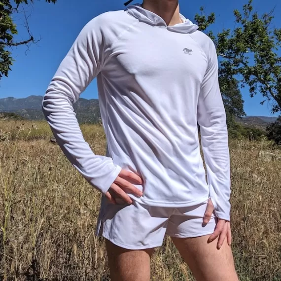 Runyon Men's White Sun Hoodie Shirt Long Sleeve Thumbholes Sun Protection Quick Dry American Made In USA