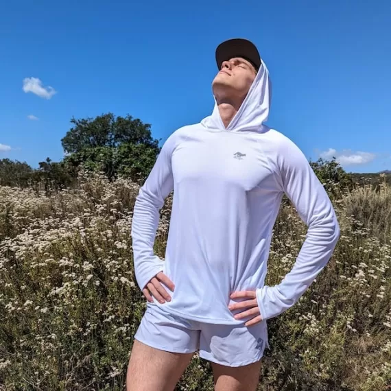 Runyon Men's White Sun Hoodie Shirt Long Sleeve Thumbholes Sun Protection Quick Dry American Made In USA