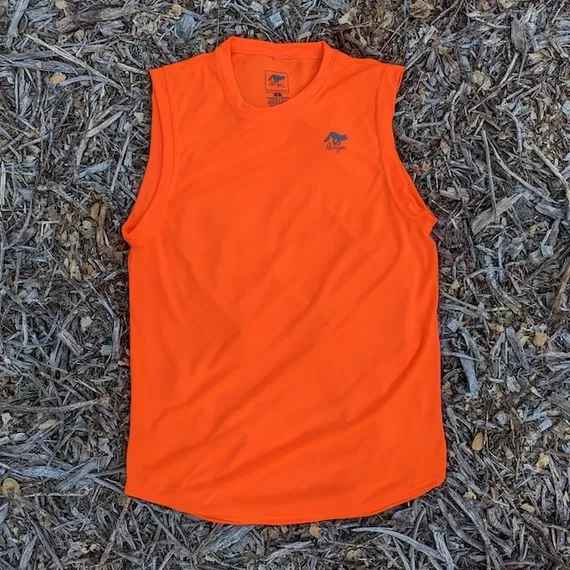 Runyon Men's Neon Safety Fluorescent Orange Sleeveless Muscle Tee Performance Workout Tank Top American Made In USA