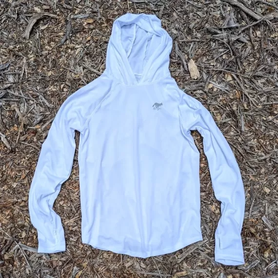 Runyon Men's White Sun Hoodie Shirt Long Sleeve Thumbholes Sun Protection Quick Dry American Made In USA