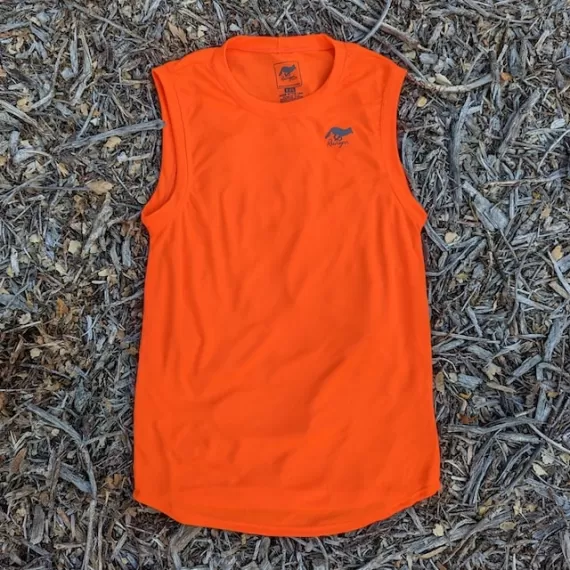 Runyon Women's Neon Orange Safety Fluorescent Orange Sleeveless Muscle Tee Performance Tank Top American Made In USA