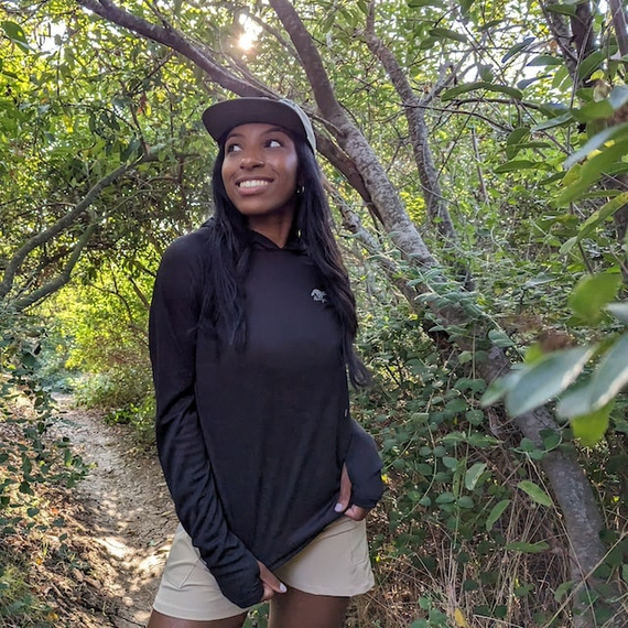 Runyon Women's Unisex Black Sun Hoodie Shirt Long Sleeve Thumbholes Sun Protection Quick Dry American Made In USARunyon Women's Unisex Black Sun Hoodie Shirt Long Sleeve Thumbholes Sun Protection Quick Dry American Made In USA