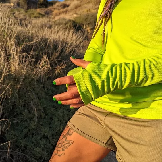 Runyon Women's Unisex Neon Lime Green High Visibility Sun Hoodie Shirt Long Sleeve Thumbholes Sun Protection Quick Dry American Made In USA