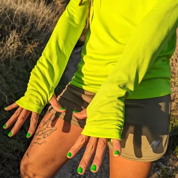 Runyon Women's Unisex Neon Lime Green High Visibility Sun Hoodie Shirt Long Sleeve Thumbholes Sun Protection Quick Dry American Made In USA