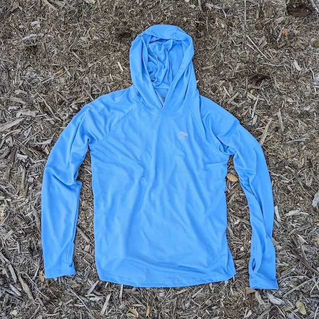 Runyon Men's Light Baby Blue Sun Hoodie Shirt Long Sleeve Thumbholes Sun Protection Quick Dry American Made In USA Runyon Men's Light Baby Blue Sun Hoodie Shirt Long Sleeve Thumbholes Sun Protection Quick Dry American Made In USA