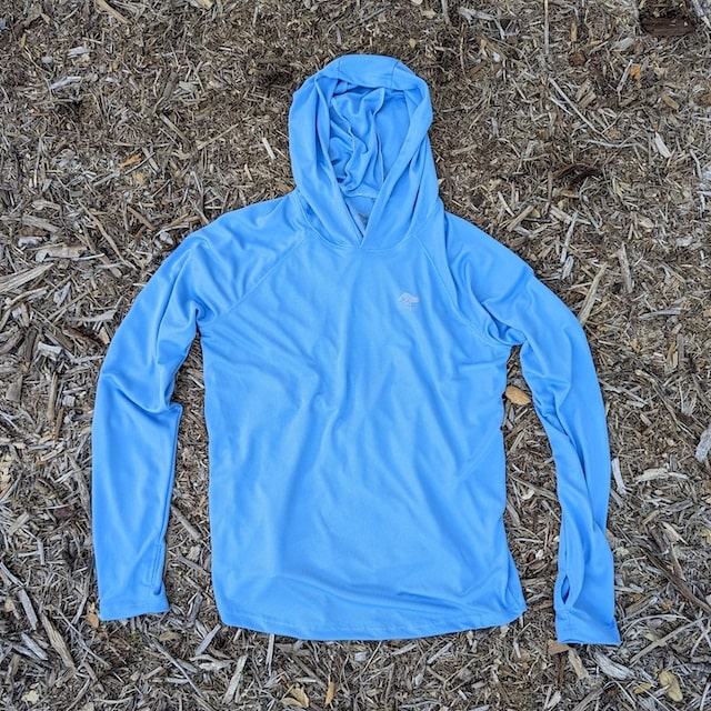 Runyon Men's Light Baby Blue Sun Hoodie Shirt Long Sleeve Thumbholes Sun Protection Quick Dry American Made In USA