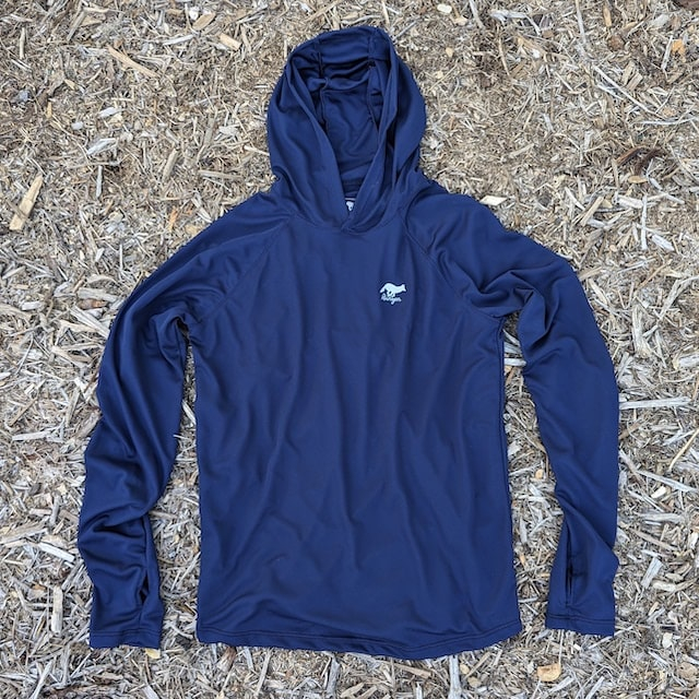 Runyon Men's Navy Blue Sun Hoodie Shirt Long Sleeve Thumbholes Sun Protection Quick Dry American Made In USA