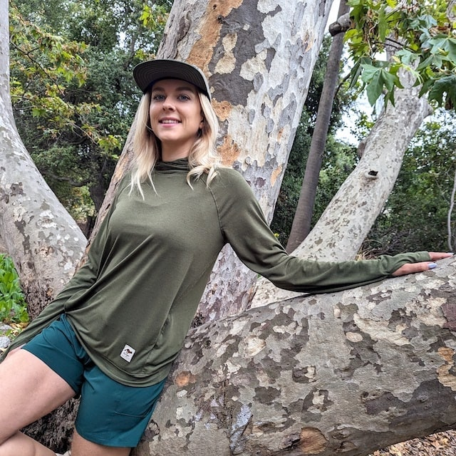 Runyon Women's Unisex Army Green Pocketed Sun Hoodie Shirt Long Sleeve Thumbholes Sun Protection Quick Dry American Made In USA