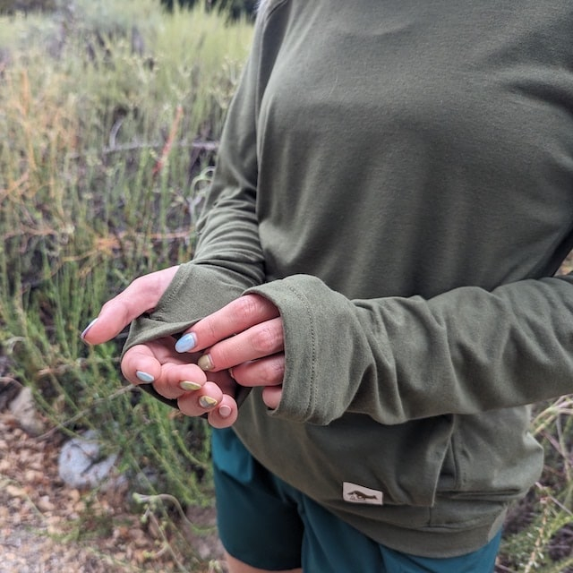 Runyon Women's Unisex Army Green Pocketed Sun Hoodie Shirt Long Sleeve Thumbholes Sun Protection Quick Dry American Made In USA