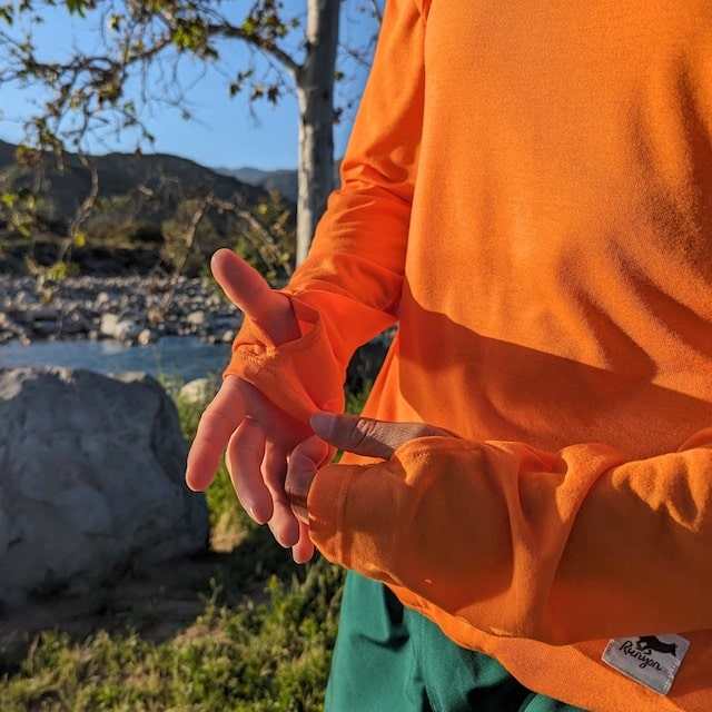 Runyon Men's Orange Pocketed Sun Hoodie Shirt Long Sleeve Thumbholes Sun Protection Quick Dry American Made In USA