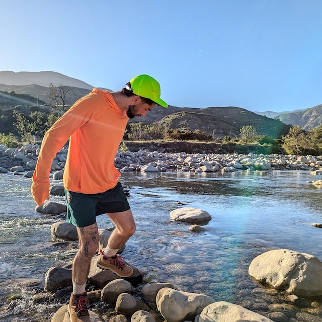 Runyon Men's Orange Pocketed Sun Hoodie Shirt Long Sleeve Thumbholes Sun Protection Quick Dry American Made In USA