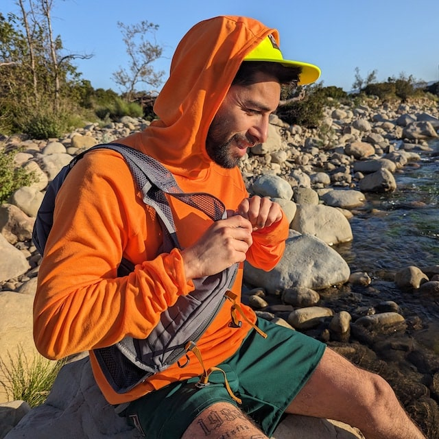 Runyon Men's Orange Pocketed Sun Hoodie Shirt Long Sleeve Thumbholes Sun Protection Quick Dry American Made In USA