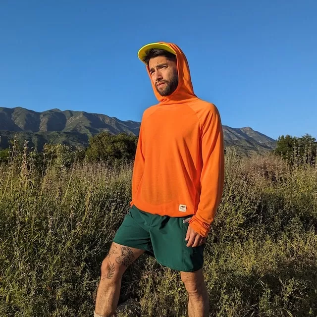 Runyon Men's Orange Pocketed Sun Hoodie Shirt Long Sleeve Thumbholes Sun Protection Quick Dry American Made In USA