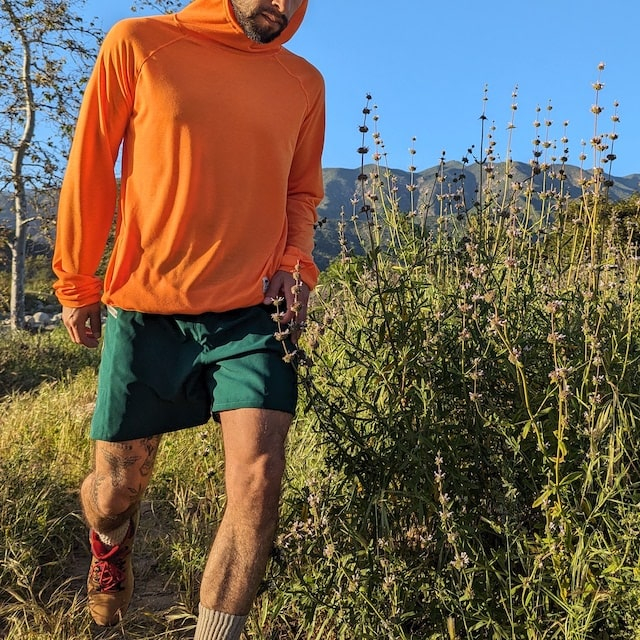 Runyon Men's Orange Pocketed Sun Hoodie Shirt Long Sleeve Thumbholes Sun Protection Quick Dry American Made In USA