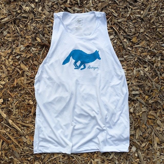 Runyon Electric Blue Logo Hybrid Training Tank for Running, Gym, Workouts American Made In USA White Tank Top Singlet