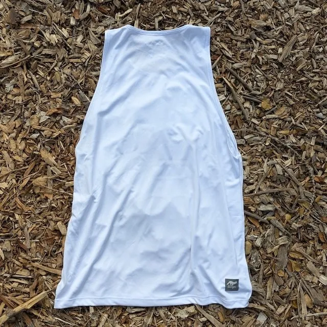 Runyon Electric Blue Logo Hybrid Training Tank for Running, Gym, Workouts American Made In USA White Tank Top Singlet