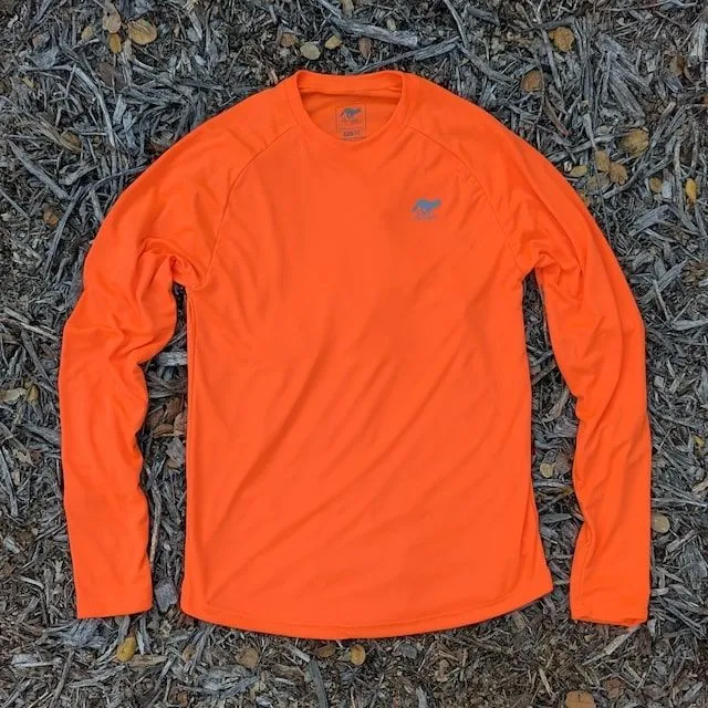 Runyon Mens Neon Orange Long Sleeve Performance Shirt - Made In USA, Running Hiking Workout Gym