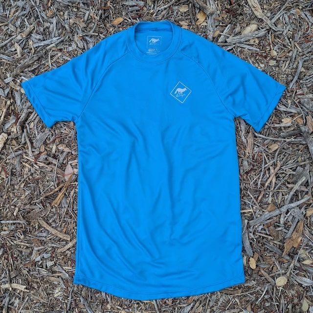 Runyon Womens Unisex Cyan Bright Blue Made In USA Running Shirt Performance Moisture Wicking Workout Shirt