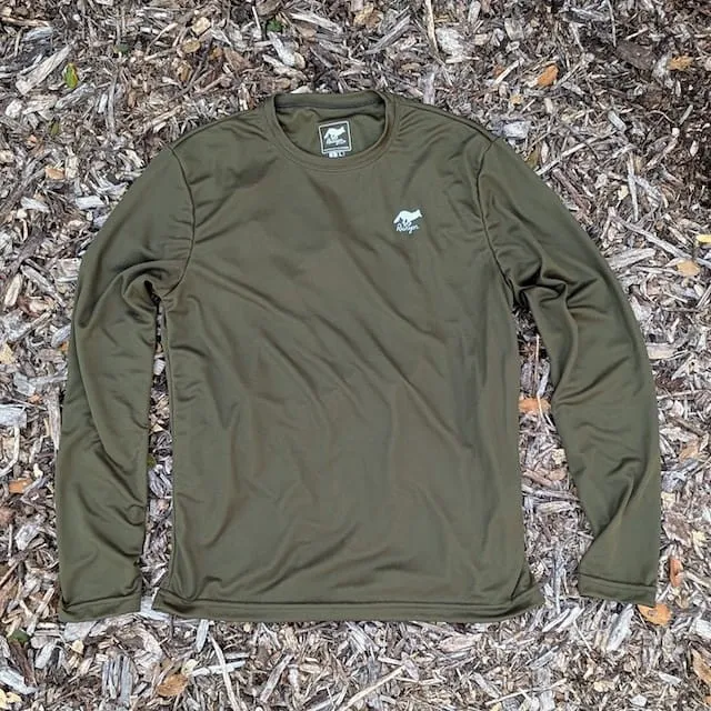 Runyon American Made In USA Men's Dark Forest Green Long Sleeve Trail Running Shirt Moisture Wicking Performance Active Shirt Warm Weather Sun Protection