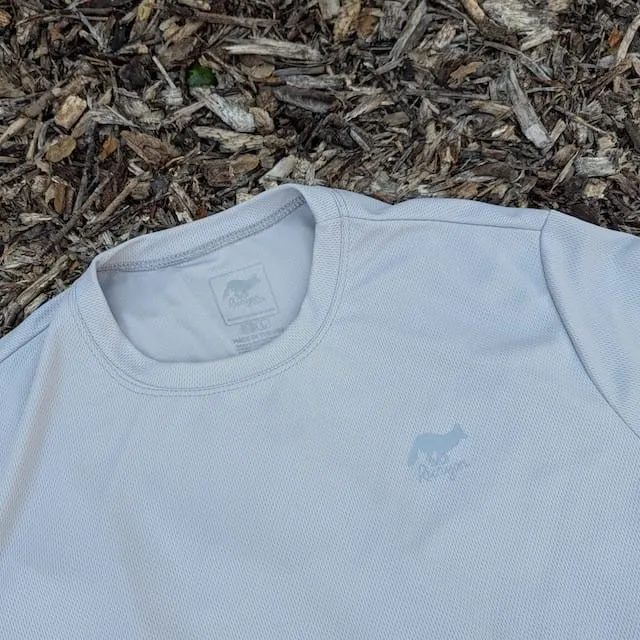 Runyon American Made In USA Men's Silver Light Grey Short Sleeve Trail Running Shirt Moisture Wicking Performance Active Shirt Warm Weather Sun Protection