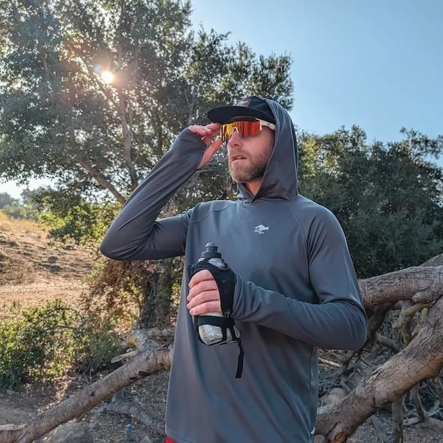 Runyon Men's Charcoal Dark Grey Sun Hoodie Shirt Long Sleeve Thumbholes Sun Protection Quick Dry American Made In USA Runyon Men's Charcoal Dark Grey Sun Hoodie Shirt Long Sleeve Thumbholes Sun Protection Quick Dry American Made In USA