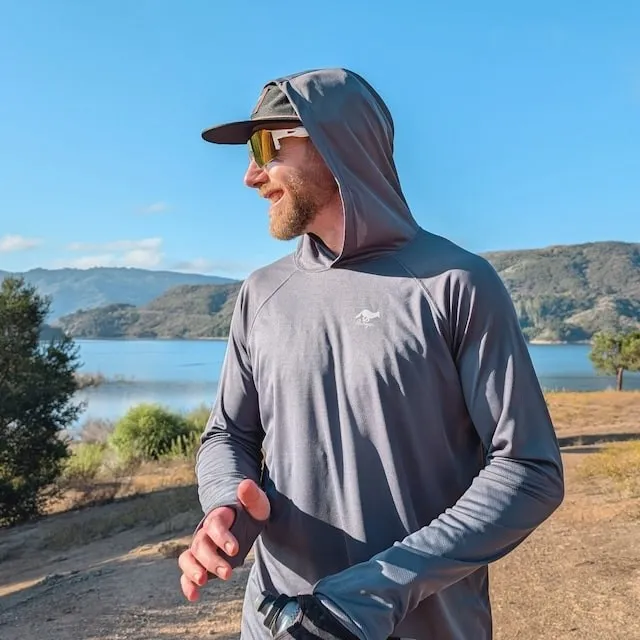 Runyon Men's Charcoal Dark Grey Sun Hoodie Shirt Long Sleeve Thumbholes Sun Protection Quick Dry American Made In USA Runyon Men's Charcoal Dark Grey Sun Hoodie Shirt Long Sleeve Thumbholes Sun Protection Quick Dry American Made In USA