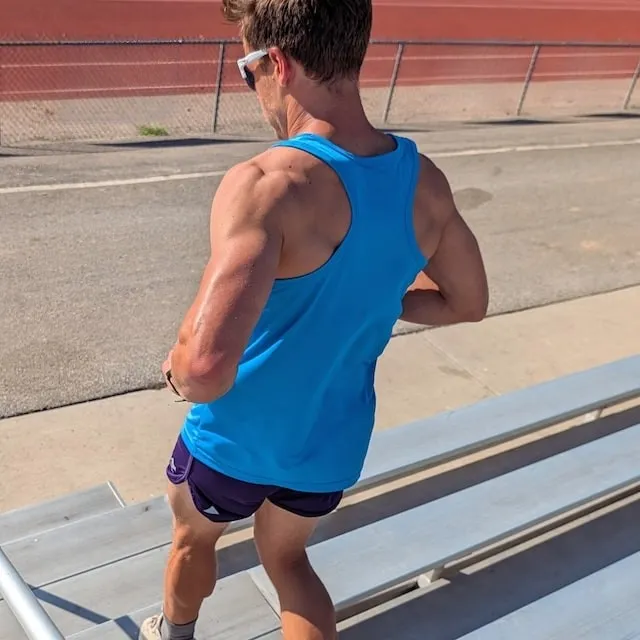 Runyon Men's Cyan Safety Blue Racerback Fitness Tank Top - Running, Workout, Gym Singlet - Made In The USARunyon Men's Cyan Safety Blue Racerback Fitness Tank Top - Running, Workout, Gym Singlet - Made In The USA