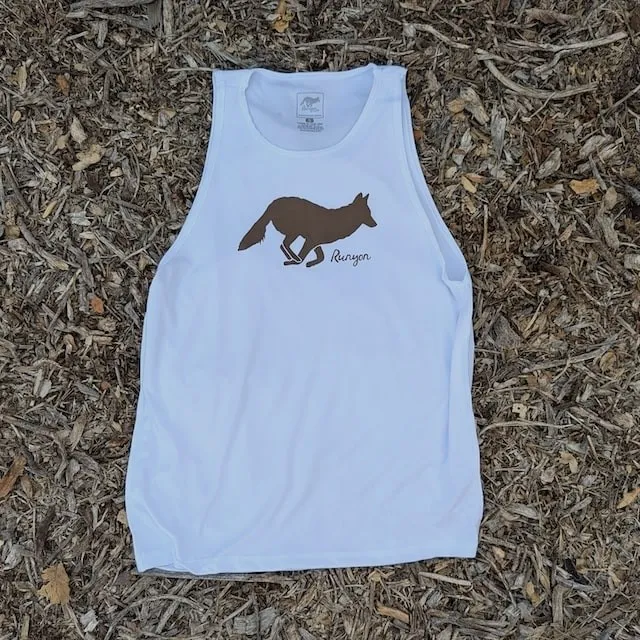 Runyon Brown Logo Hybrid Training Tank for Running, Gym, Workouts American Made In USA White Tank Top Singlet