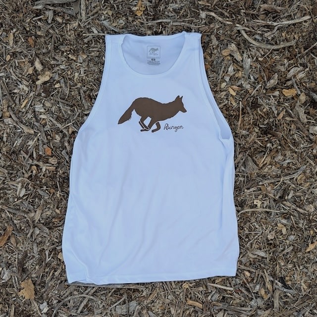 Runyon Brown Logo Hybrid Training Tank for Running, Gym, Workouts American Made In USA White Tank Top Singlet