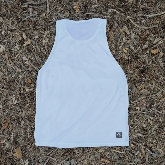 Runyon Brown Logo Hybrid Training Tank for Running, Gym, Workouts American Made In USA White Tank Top Singlet