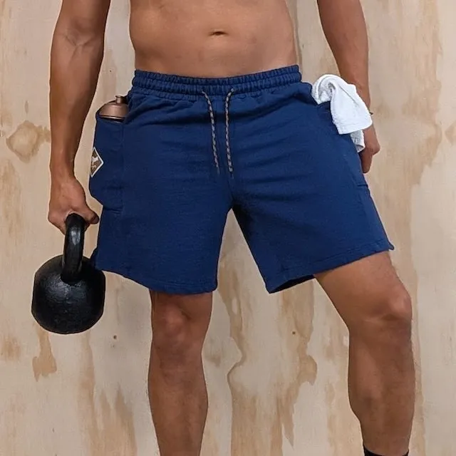 Runyon Navy Blue French Terry Cotton 7" Sweatshorts - Gym, Workout, Hiking, Casual, Fitness American Made In USA - Runyon Canyon Apparel