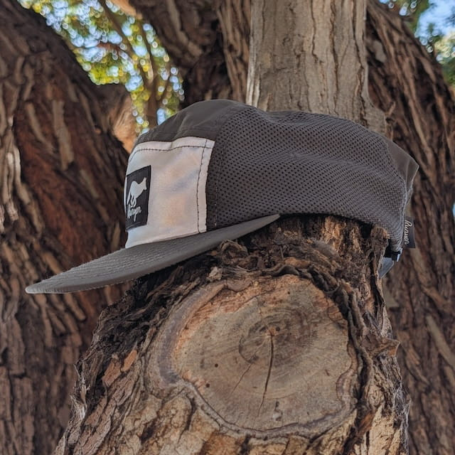 Runyon Radiant Space  Made In USA Camp Hat - Reflective Front Panel, Dark Grey Graphite, Moisture Wicking, Mesh Side Panels, Lightweight, Breathable
