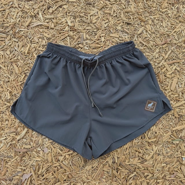 Runyon Mens 3" Running Short in Graphite Dark Grey - Made In USA - Backside Zipper Phone Pocket, Lined, Brown Inside Drawcords, Mesh Liner.  Made In Los Angeles.