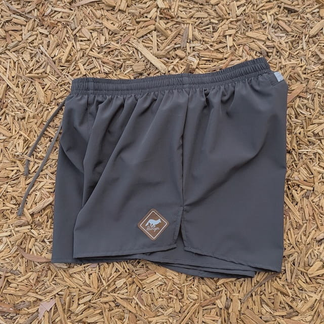 Runyon Mens 3" Running Short in Graphite Dark Grey - Made In USA - Backside Zipper Phone Pocket, Lined, Brown Inside Drawcords, Mesh Liner.  Made In Los Angeles.