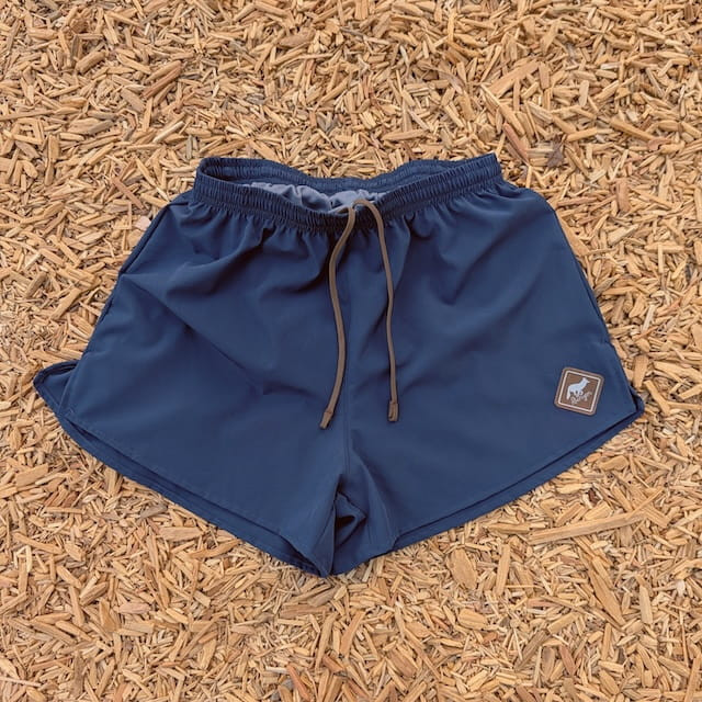 Runyon Mens 3" Running Short in Navy Blue - Made In USA - Backside Zipper Phone Pocket, Lined, Brown Inside Drawcords, Mesh Liner.  Made In Los Angeles.