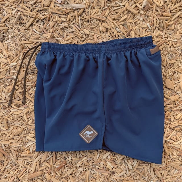 Runyon Mens 3" Running Short in Navy Blue - Made In USA - Backside Zipper Phone Pocket, Lined, Brown Inside Drawcords, Mesh Liner.  Made In Los Angeles.