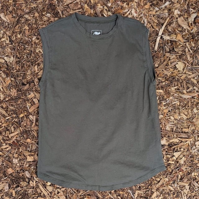 Runyon Men's Olive Green -  100% Cotton Muscle Tee - Made In USA - Hiking, Running, Workout, Fitness, Outdoors - Cottontrails Muscle Tees